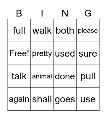 Sight Words Bingo Card