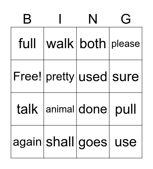 Sight Words Bingo Card