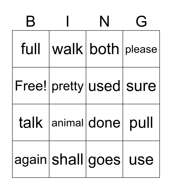 Sight Words Bingo Card