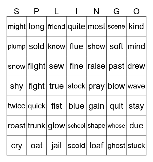 Less Common Long Vowel Patterns Bingo Card