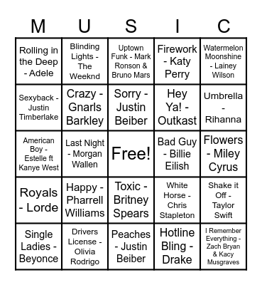 Pop Hits Bingo Card