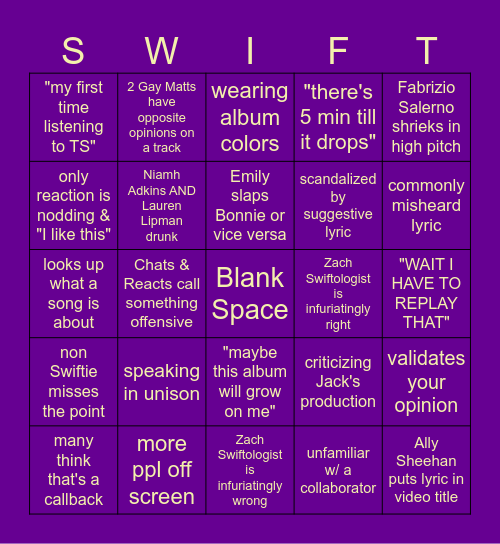 Taylor Swift Reaction Bingo Card