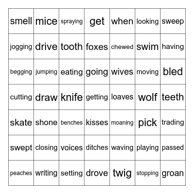 Inflected Endings Bingo Card