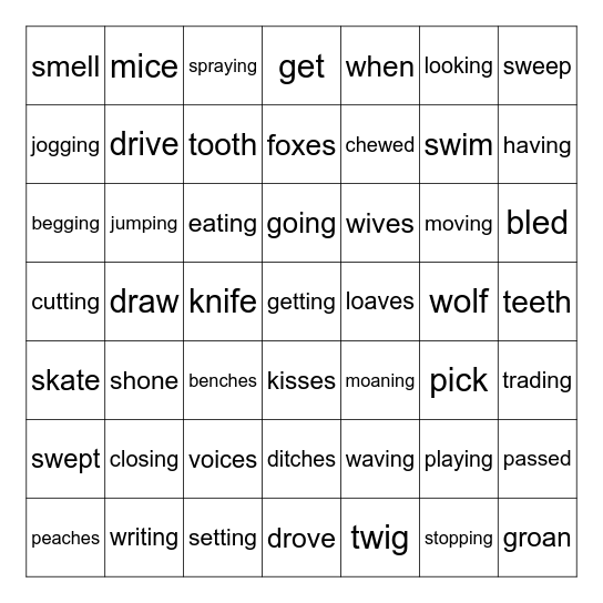Inflected Endings Bingo Card