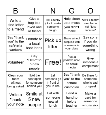 Random Acts of Kindness Bingo Card