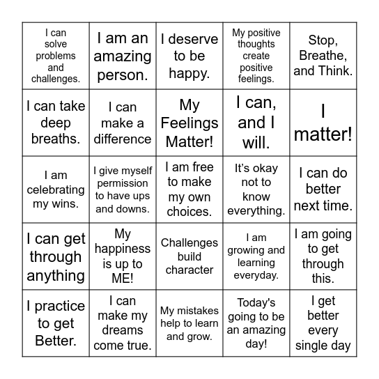 Affirmations Bingo Card