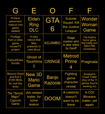 TGA 2023 Bingo Card