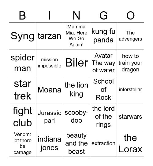 MOVIES AND SONGS Bingo Card