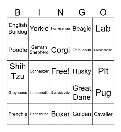 Breed Bingo Card