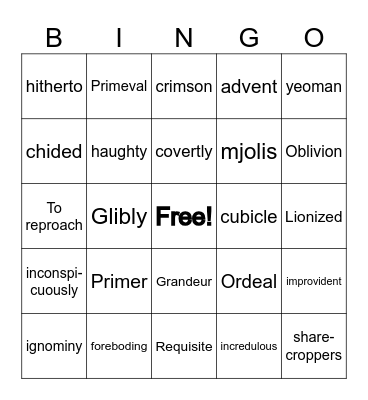 vocabulary Bingo Card