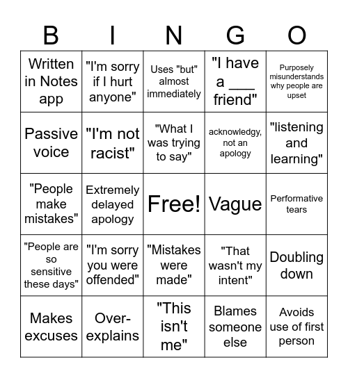 Bad Apology Bingo Card