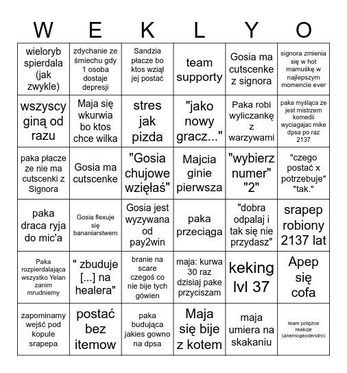 SUFFERING Bingo Card