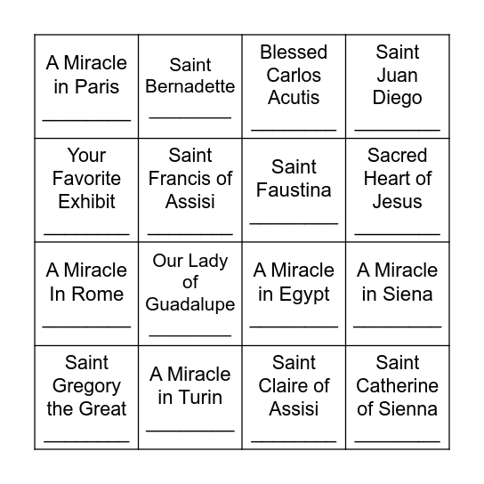 Eucharistic Miracles Exhibit Bingo Card