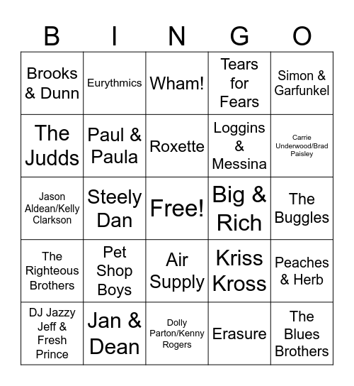 8. Music Duos (Reg) Bingo Card