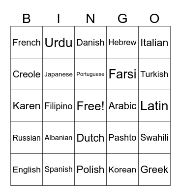 Heritage Language Bingo Card