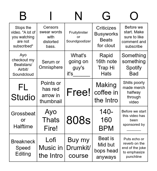 Youtube Music Producer Bingo 2023 Bingo Card