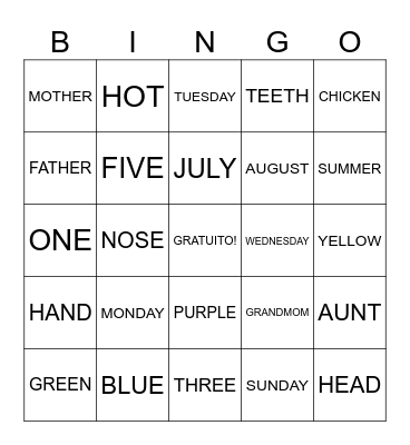 Espanol Bingo Card