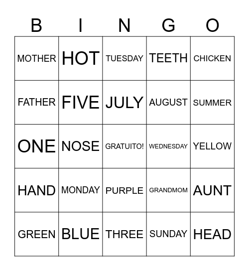 Espanol Bingo Card