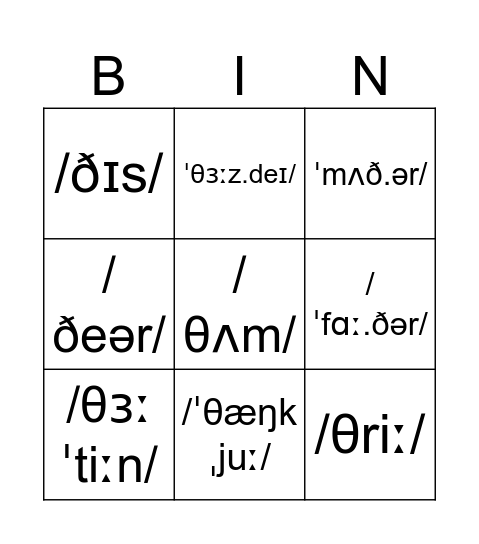 Pronunciation Bingo Card