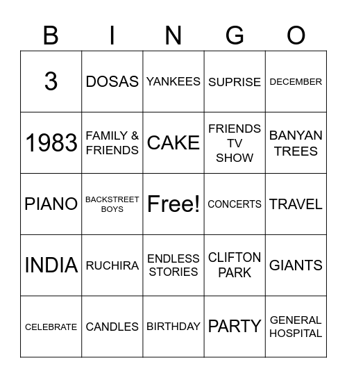 Ruchira's 40th Birthday! Bingo Card