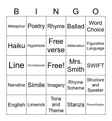 Figurative Language and Poetry Bingo Card