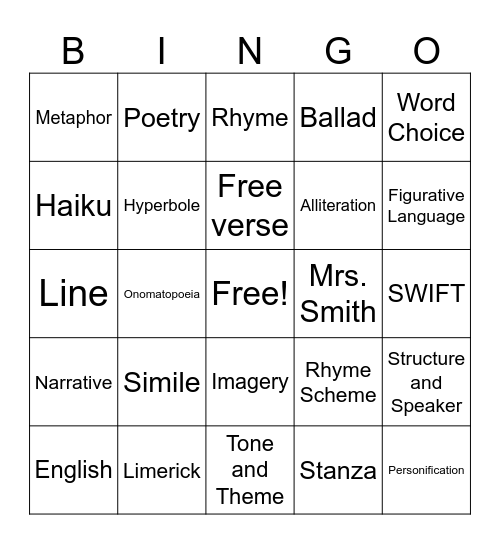 Figurative Language and Poetry Bingo Card