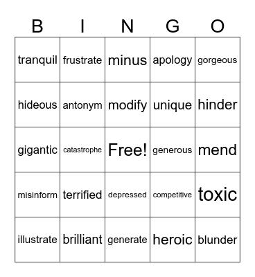 Vocabulary BINGO Card