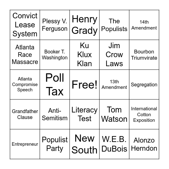 New South Bingo Card