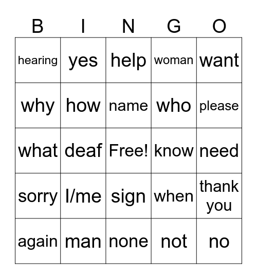 Sign Language Bingo Card