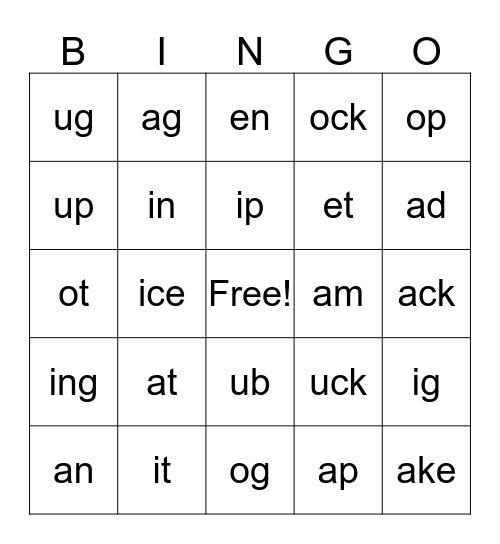 Word Family Bingo Card