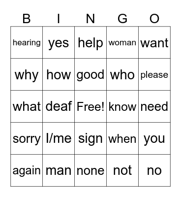 Sign Language Bingo Card
