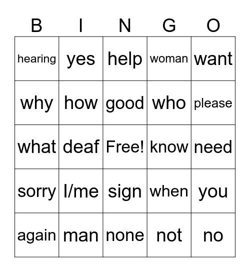 Sign Language Bingo Card