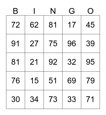 Place Value Bingo Card