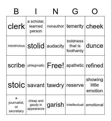 Vocabulary Bingo Card