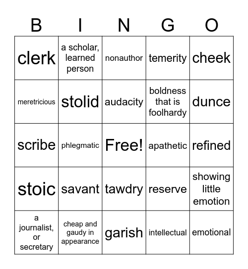 Vocabulary Bingo Card