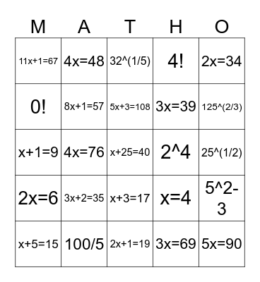 ALGEBRA Bingo Card