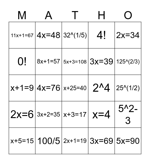 ALGEBRA Bingo Card