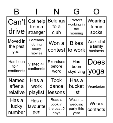 Get to know you bingo Card