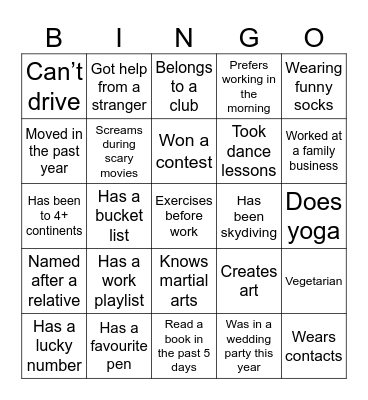 Get to know you bingo Card