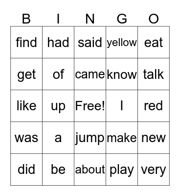 Sight Words Bingo Card