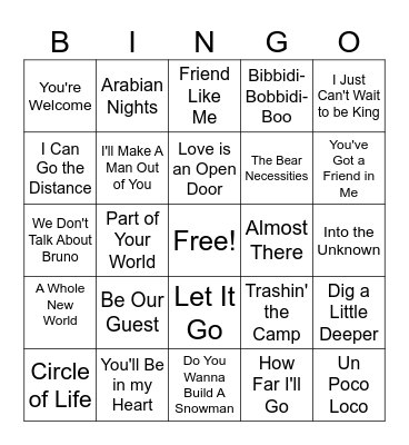 Disney Song BINGO Card