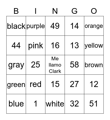 Numbers 0-59 and Colors Bingo Card