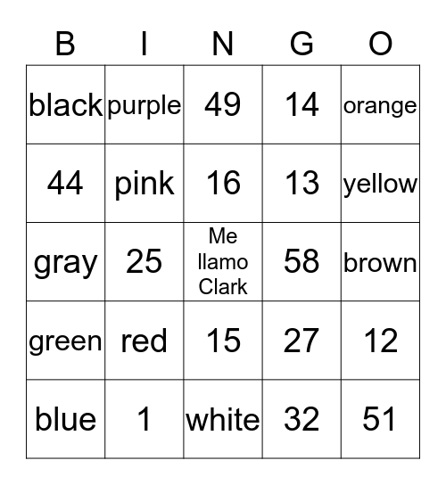 Numbers 0-59 and Colors Bingo Card