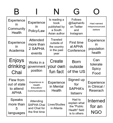 SAPHA Chai and Chat Bingo Card