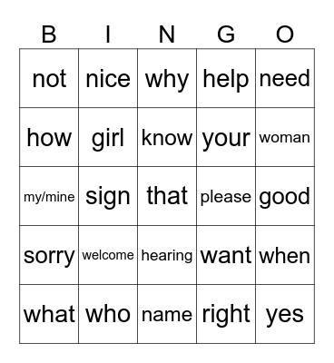 Sign Language Bingo Card