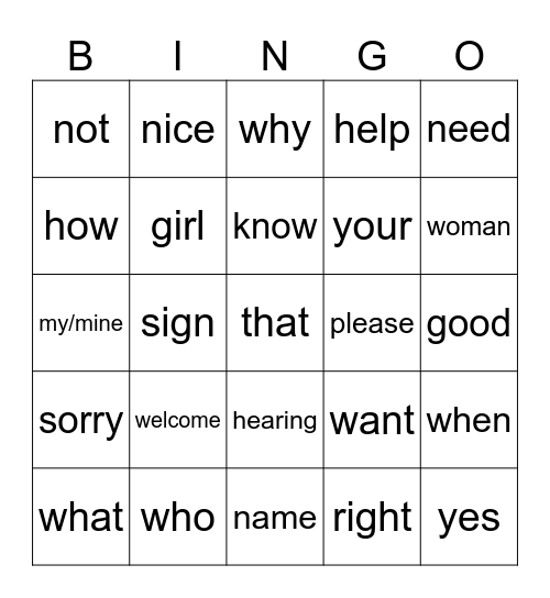 Sign Language Bingo Card