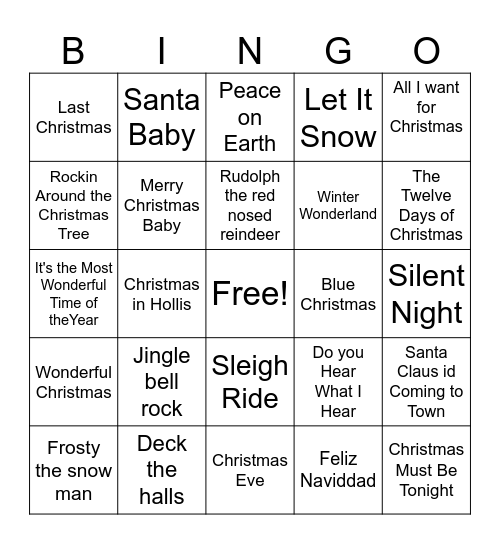 Holiday Music Bingo Card