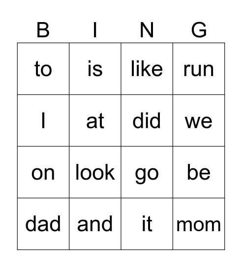 A sight words Bingo Card