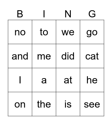 A sight words Bingo Card