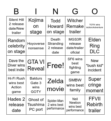 The Game Awards 2023 Bingo Card